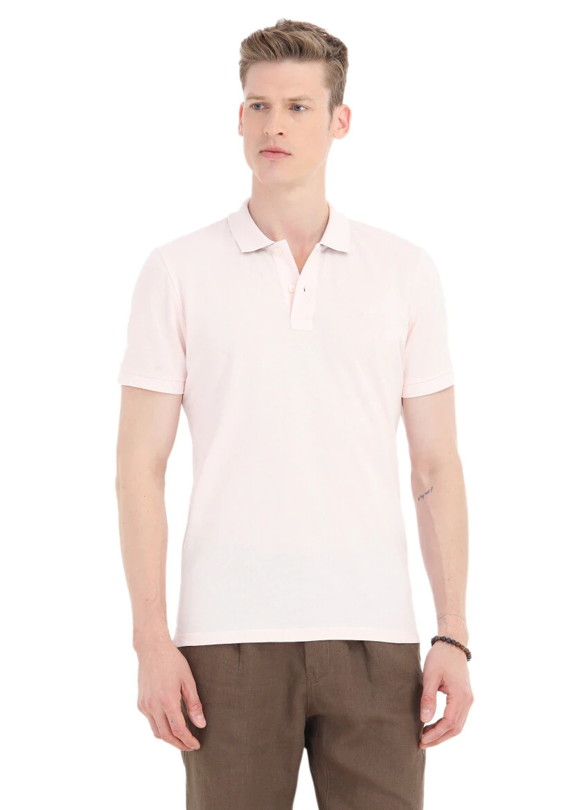 Pembe Baskılı Polo Yaka %100 Pamuk T-Shirt 