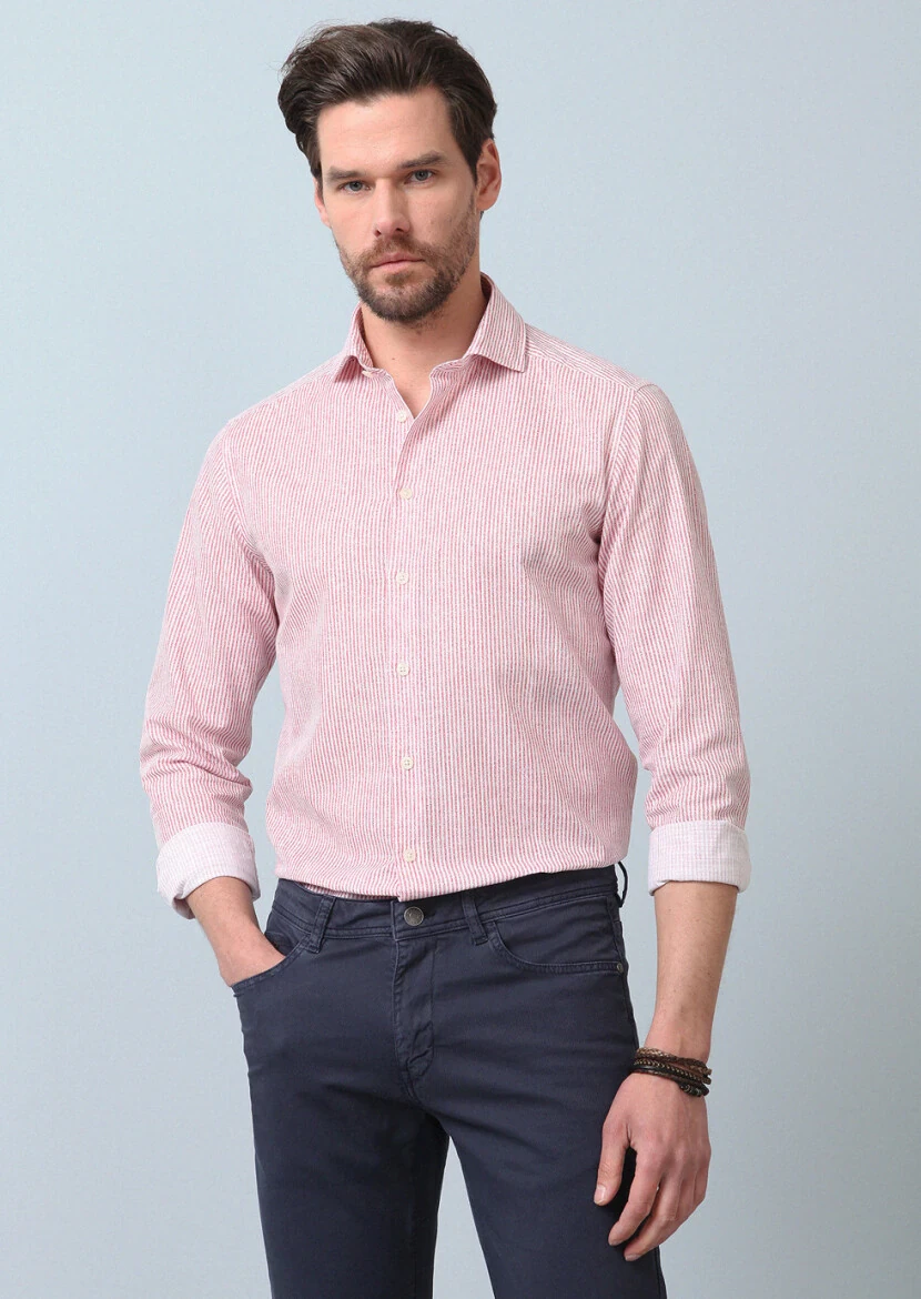 Pembe Baskılı Regular Fit Dokuma Casual %100 Pamuk Gömlek - 2