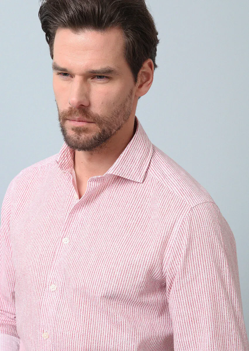 Pembe Baskılı Regular Fit Dokuma Casual %100 Pamuk Gömlek - 4