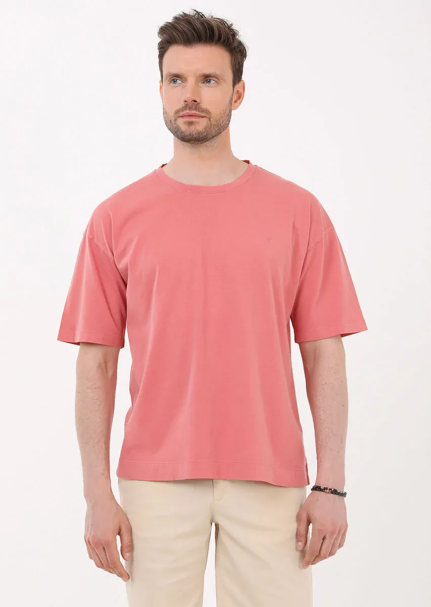 Pembe Düz Bisiklet Yaka %100 Pamuk T-Shirt - 1