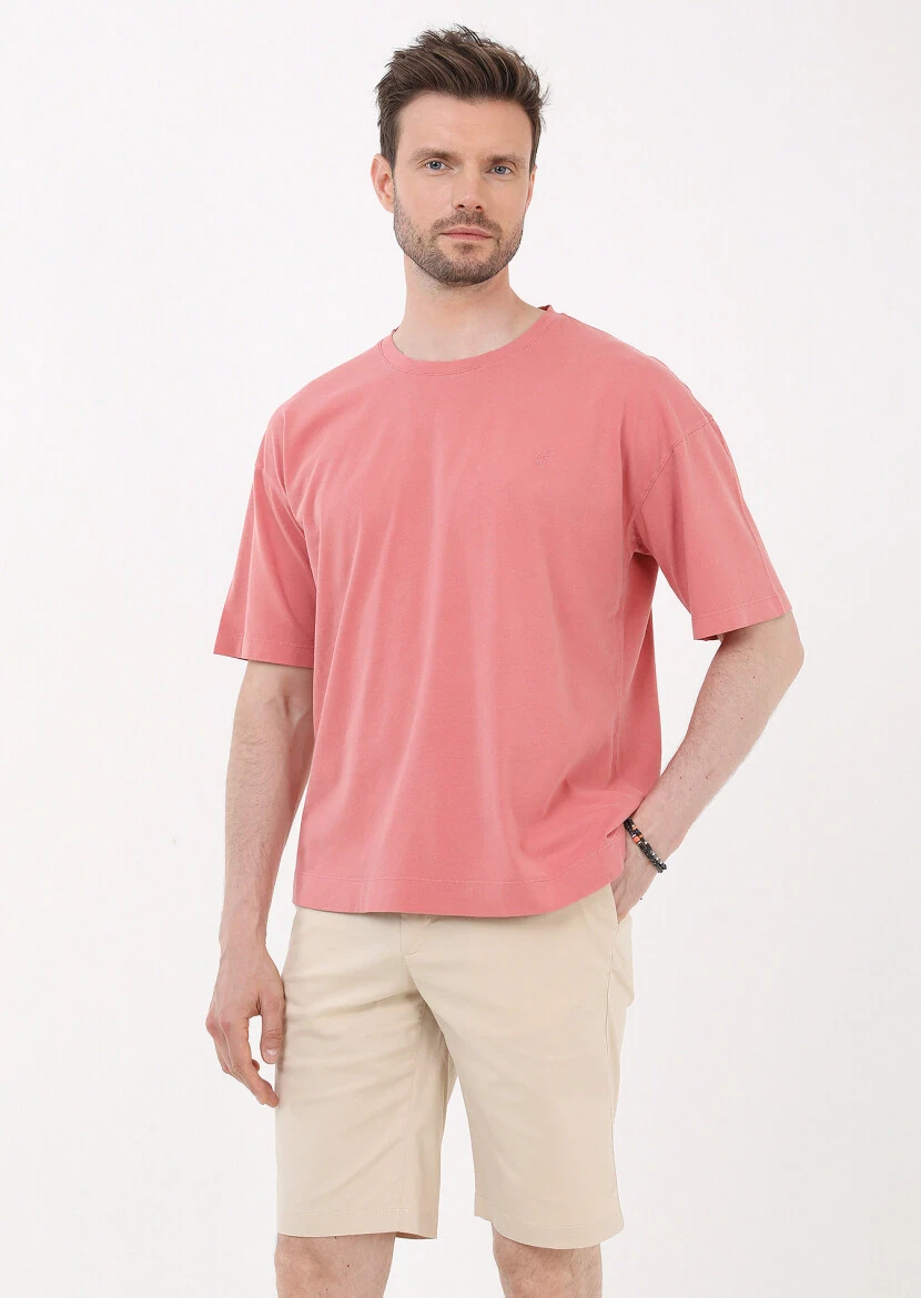 Pembe Düz Bisiklet Yaka %100 Pamuk T-Shirt - 3