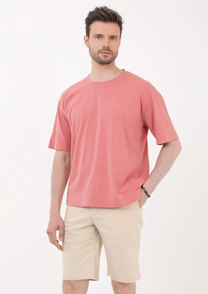 Pembe Düz Bisiklet Yaka %100 Pamuk T-Shirt - 3