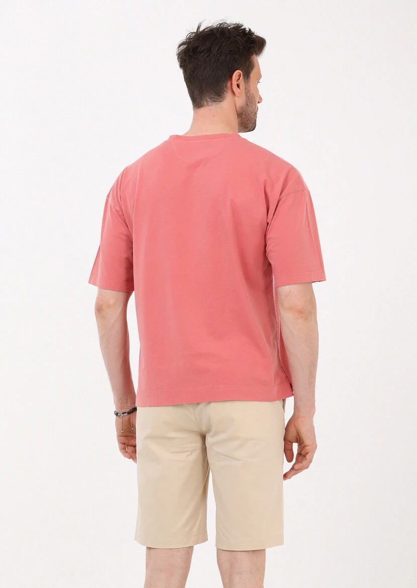 Pembe Düz Bisiklet Yaka %100 Pamuk T-Shirt - 4