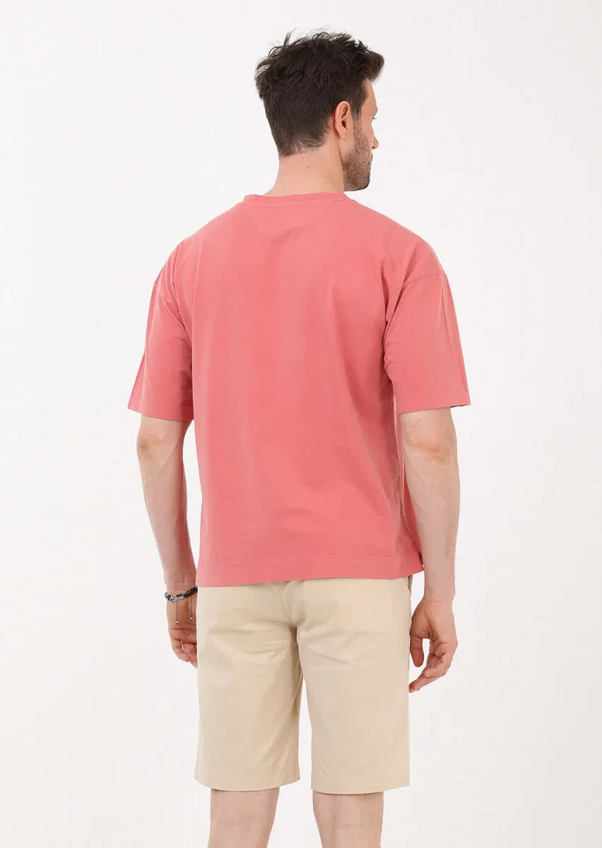 Pembe Düz Bisiklet Yaka %100 Pamuk T-Shirt - 4