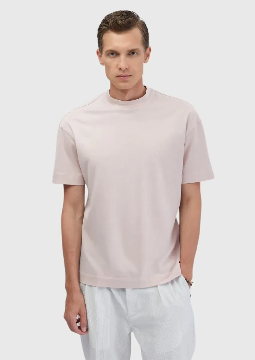 Pembe Düz Bisiklet Yaka %100 Pamuk T-Shirt - 1