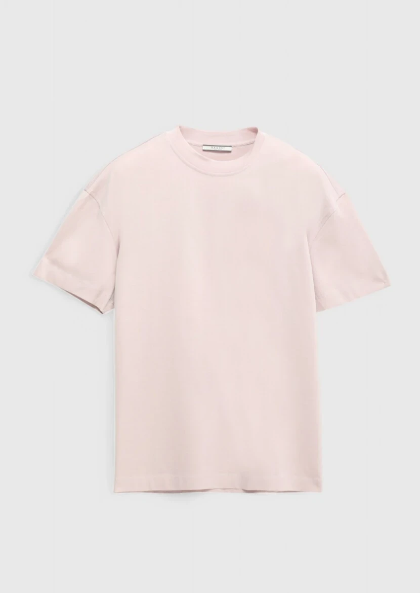 Pembe Düz Bisiklet Yaka %100 Pamuk T-Shirt - 6