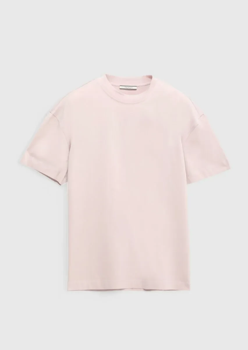 Pembe Düz Bisiklet Yaka %100 Pamuk T-Shirt - 6