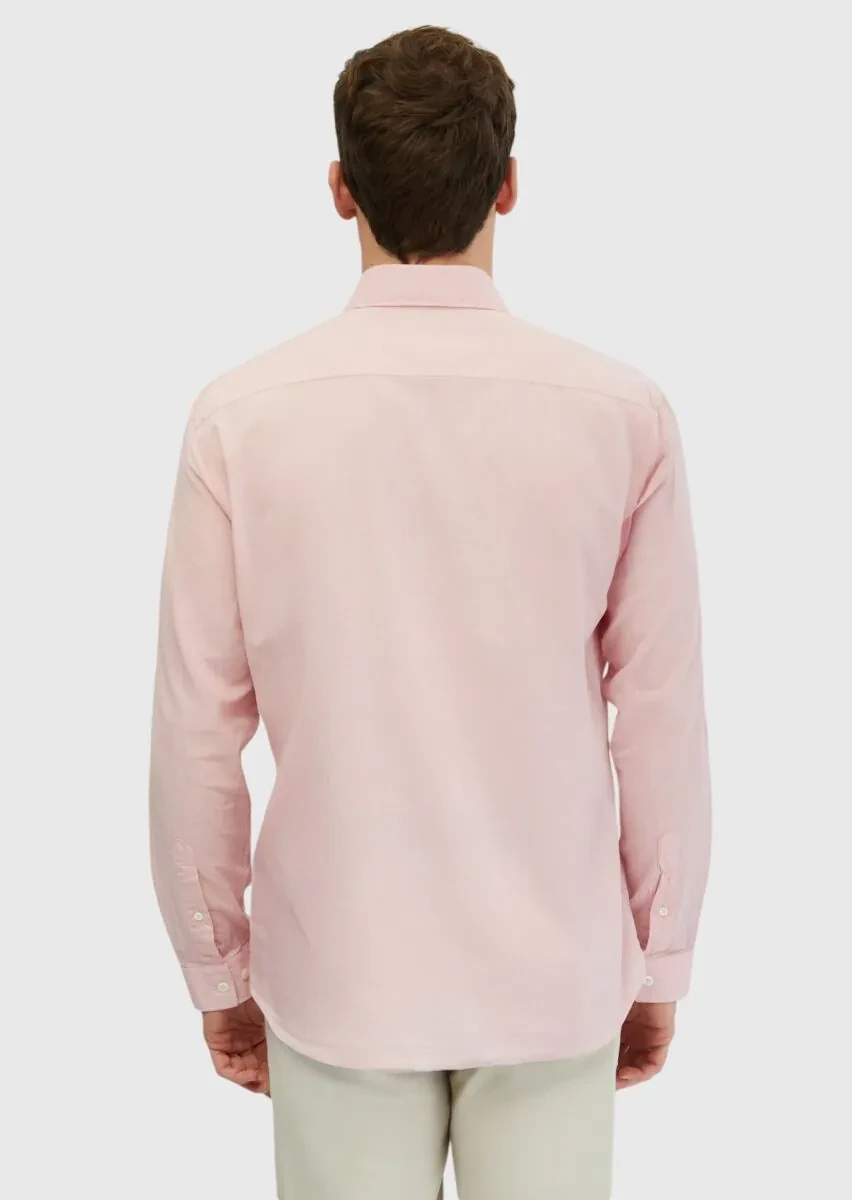 Pembe Düz Casual Fit Dokuma Casual %100 Pamuk Gömlek - 2