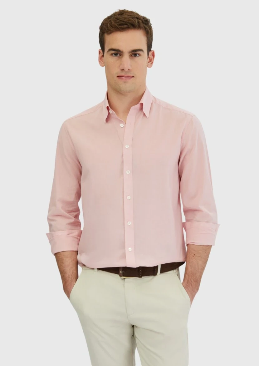 Pembe Düz Casual Fit Dokuma Casual %100 Pamuk Gömlek - 3