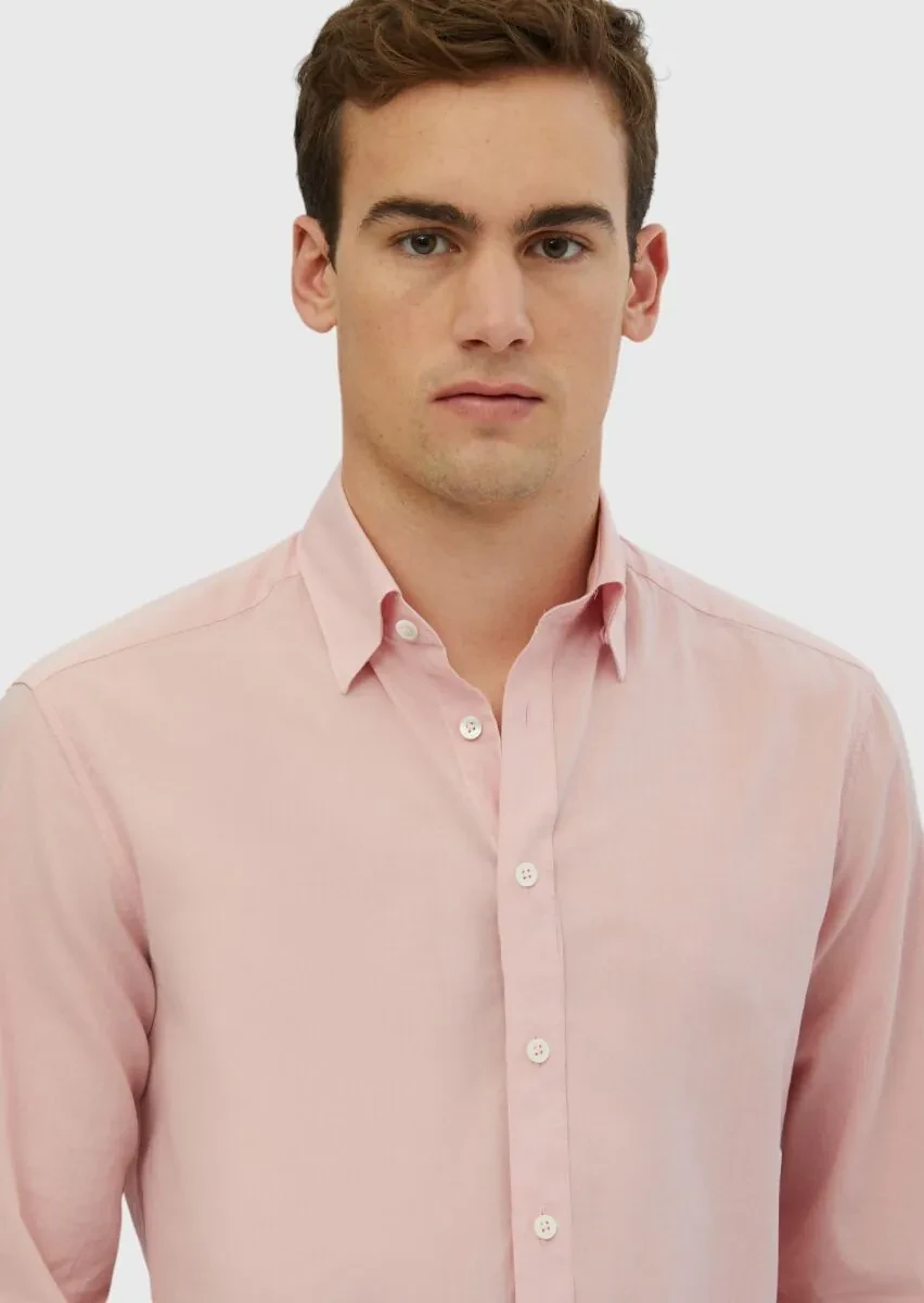 Pembe Düz Casual Fit Dokuma Casual %100 Pamuk Gömlek - 4