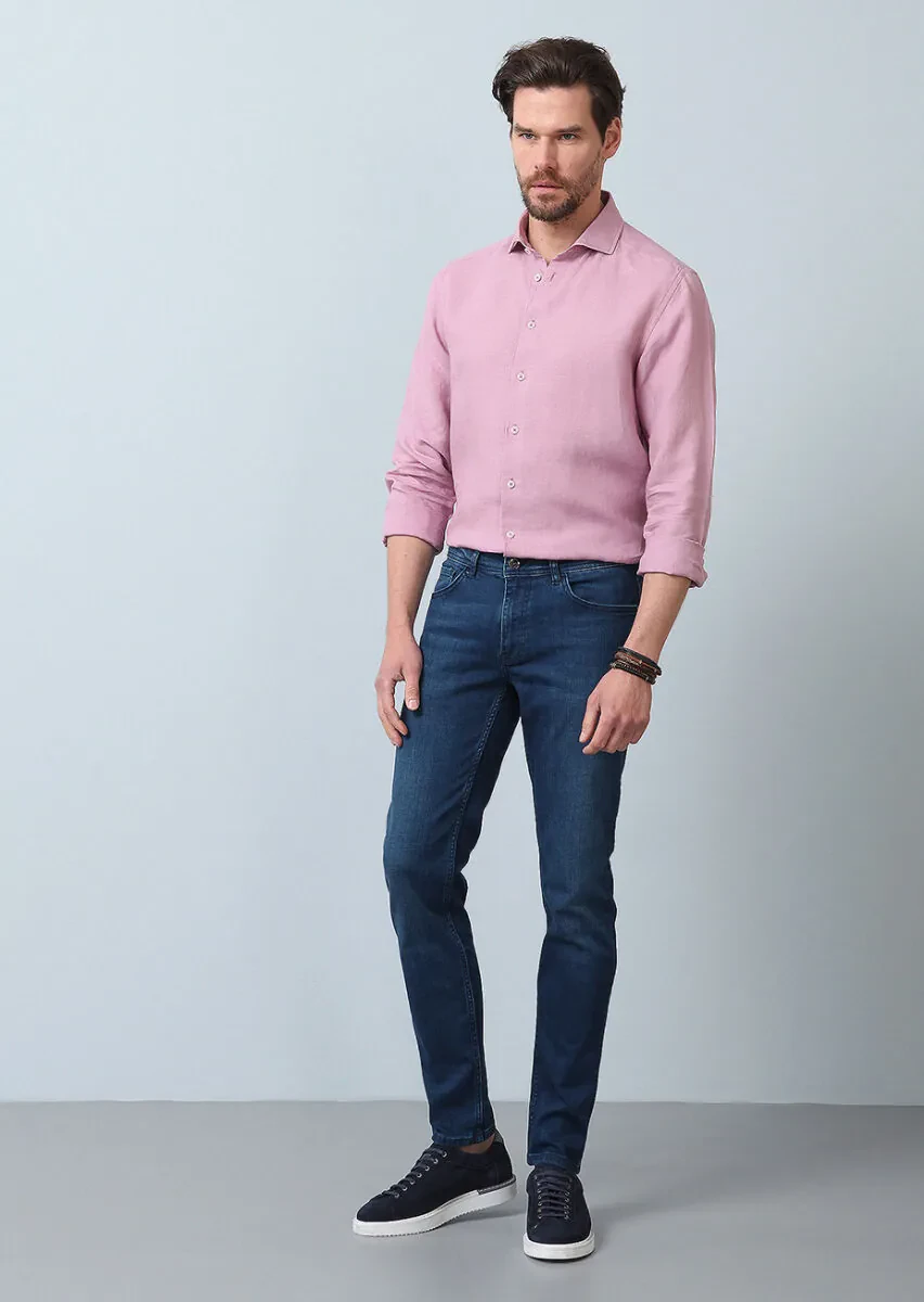 Pembe Düz Regular Fit Dokuma Casual %100 Keten Gömlek - 5