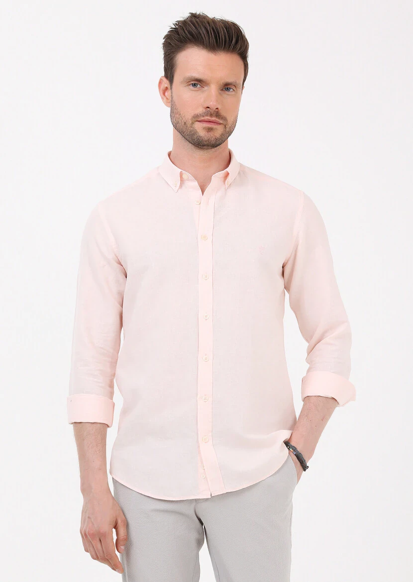 Pembe Düz Regular Fit Dokuma Casual Pamuk Karışımlı Gömlek - 1