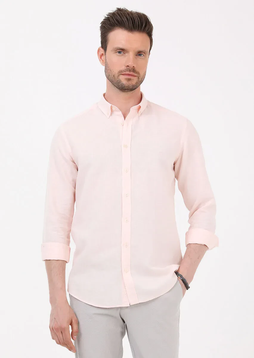 Pembe Düz Regular Fit Dokuma Casual Pamuk Karışımlı Gömlek - 1