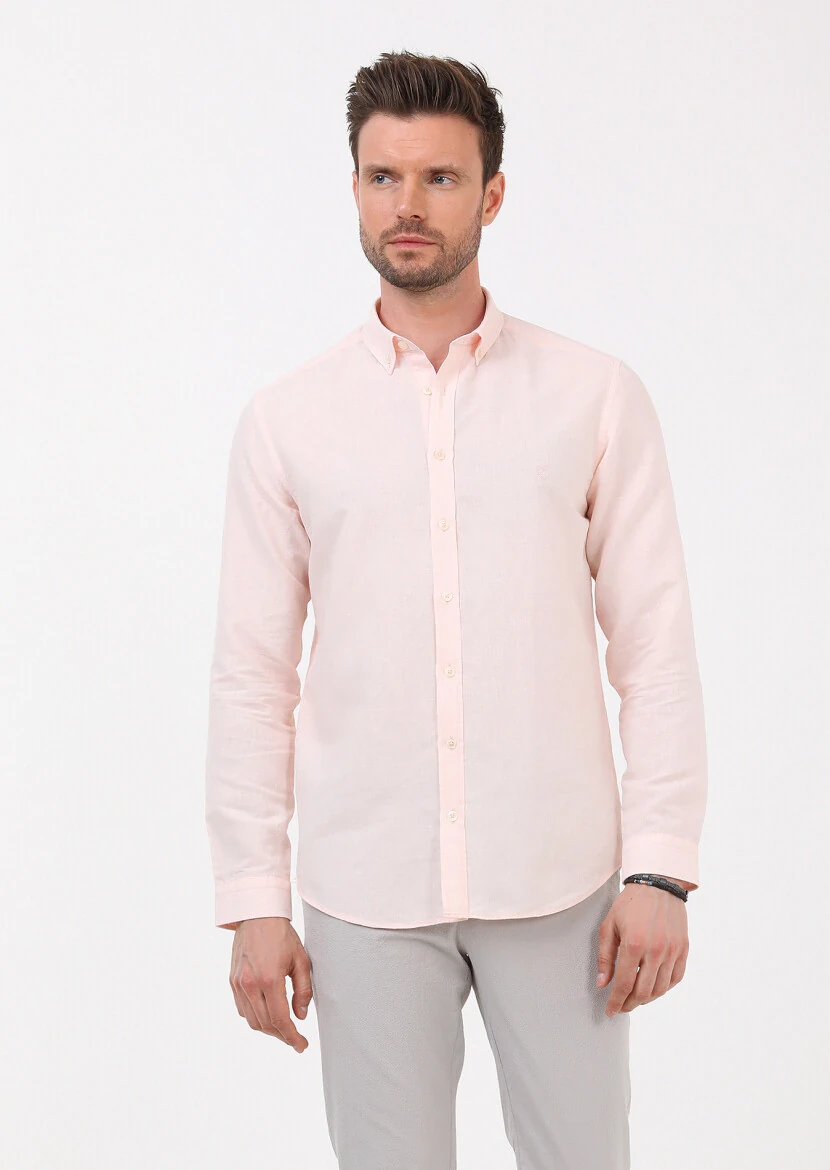 Pembe Düz Regular Fit Dokuma Casual Pamuk Karışımlı Gömlek - 2