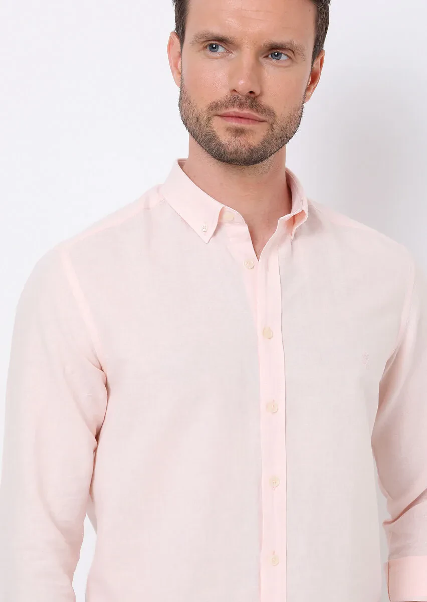 Pembe Düz Regular Fit Dokuma Casual Pamuk Karışımlı Gömlek - 3