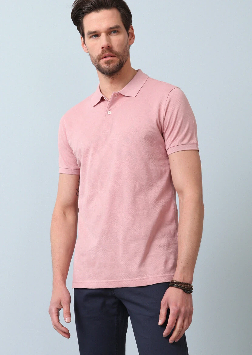 Pembe Jakarlı Polo Yaka %100 Pamuk T-Shirt 