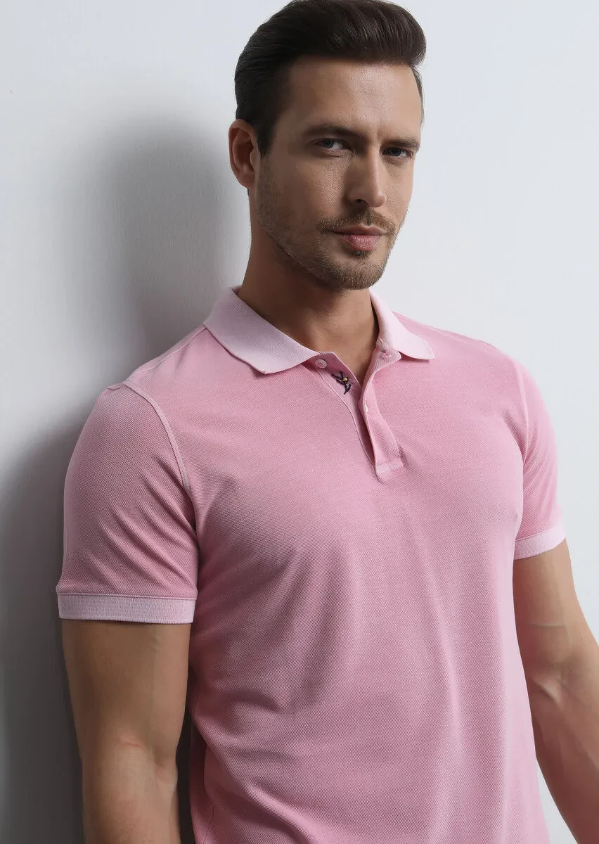 Pembe Jakarlı Polo Yaka %100 Pamuk T-Shirt - 4