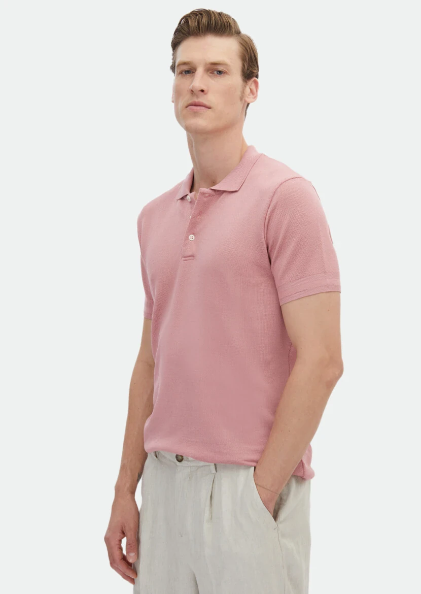 Pembe Jakarlı Polo Yaka %100 Pamuk T-Shirt - RAMSEY