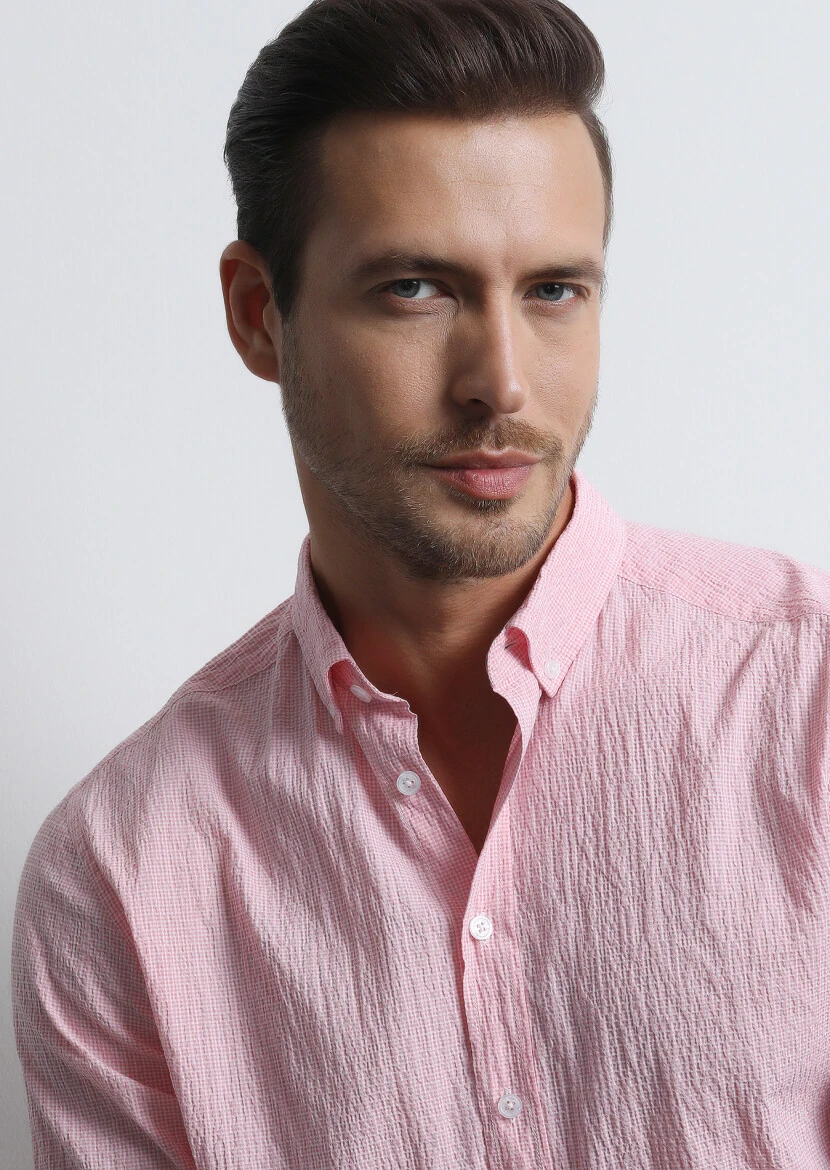 Pembe Kareli Regular Fit Dokuma Denim Pamuk Karışımlı Gömlek 