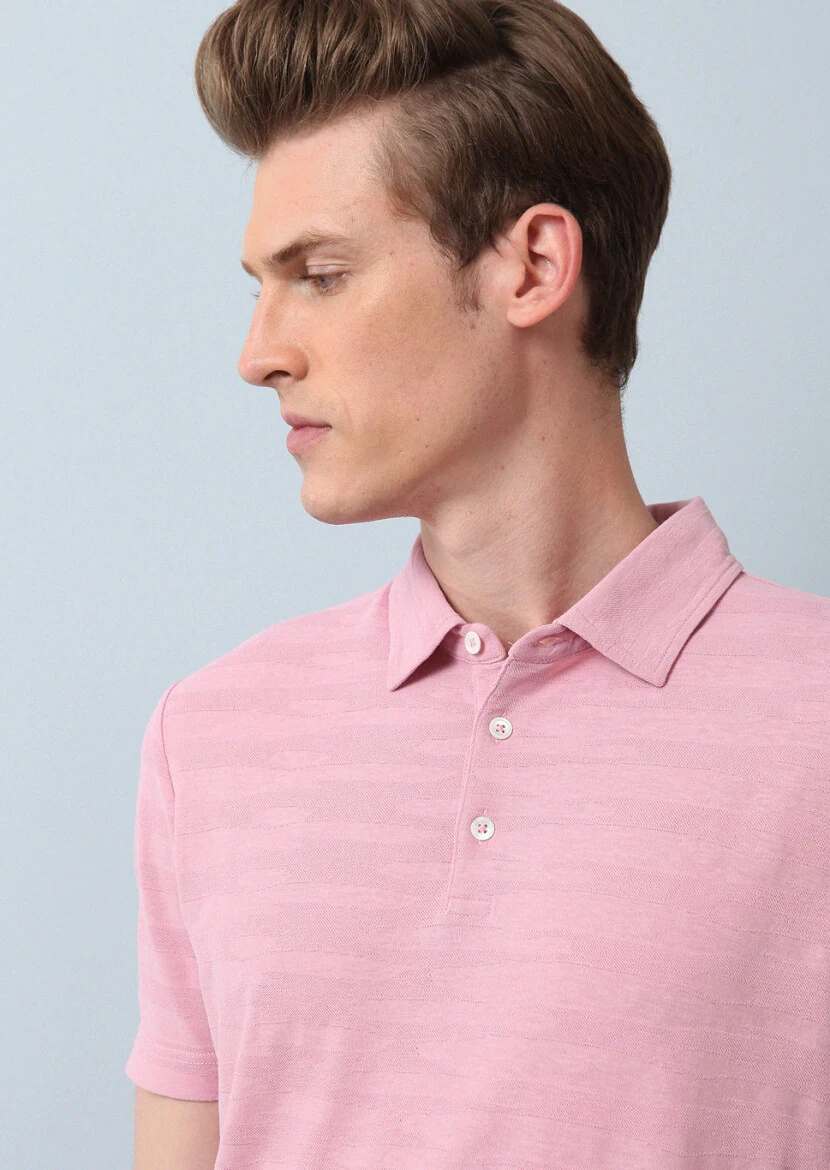 Pembe Polo Yaka %100 Pamuk T-Shirt - 4