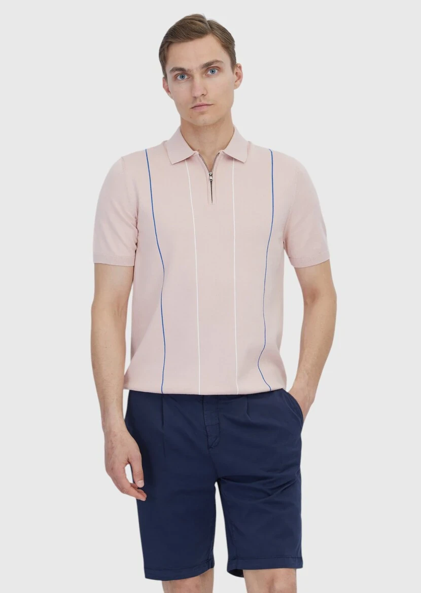 Pembe Polo Yaka Çizgili Pamuk Karışımlı Triko - RAMSEY