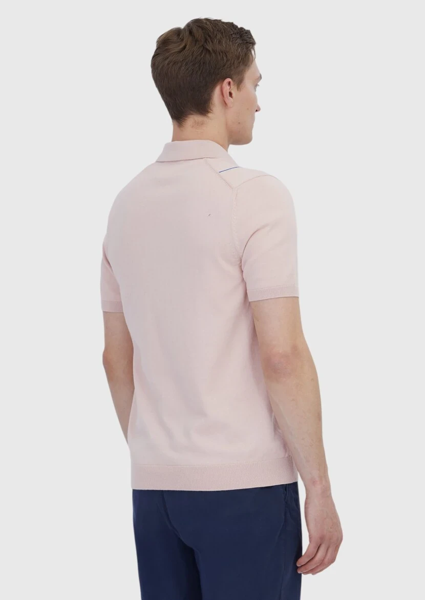 Pembe Polo Yaka Çizgili Pamuk Karışımlı Triko - 6