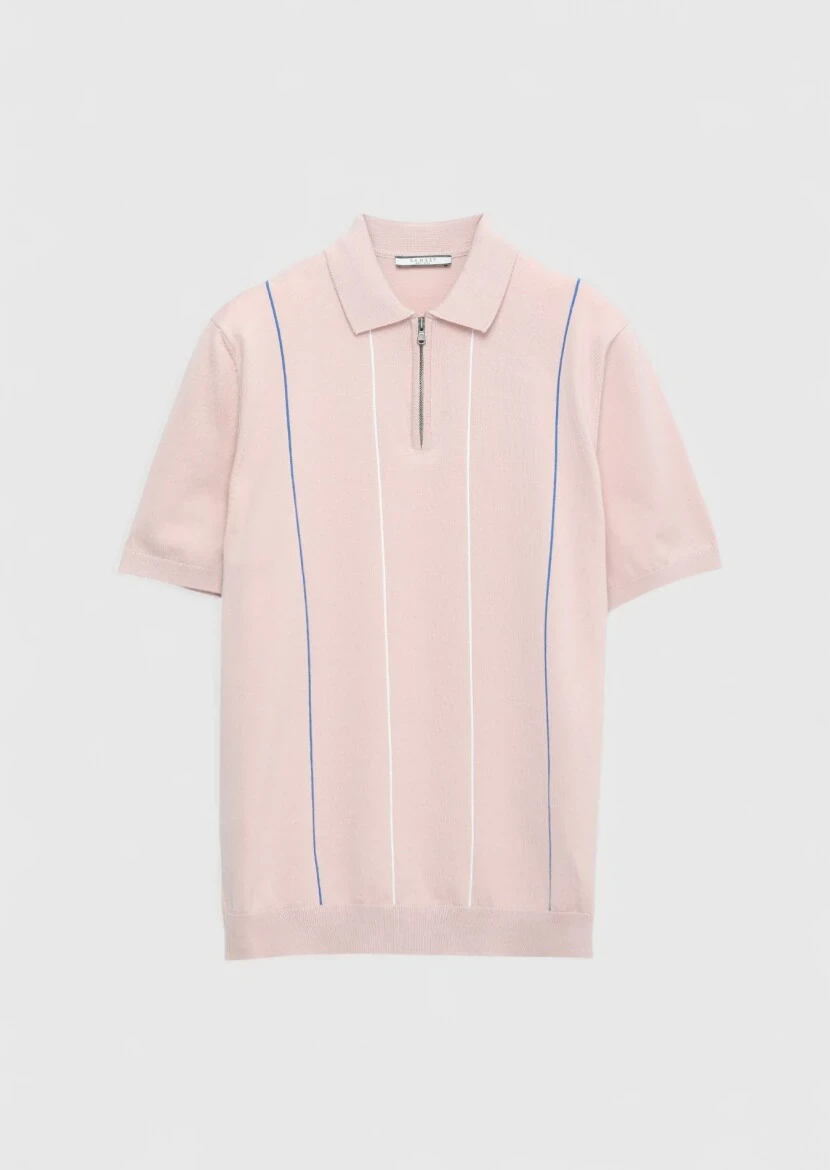Pembe Polo Yaka Çizgili Pamuk Karışımlı Triko - 7