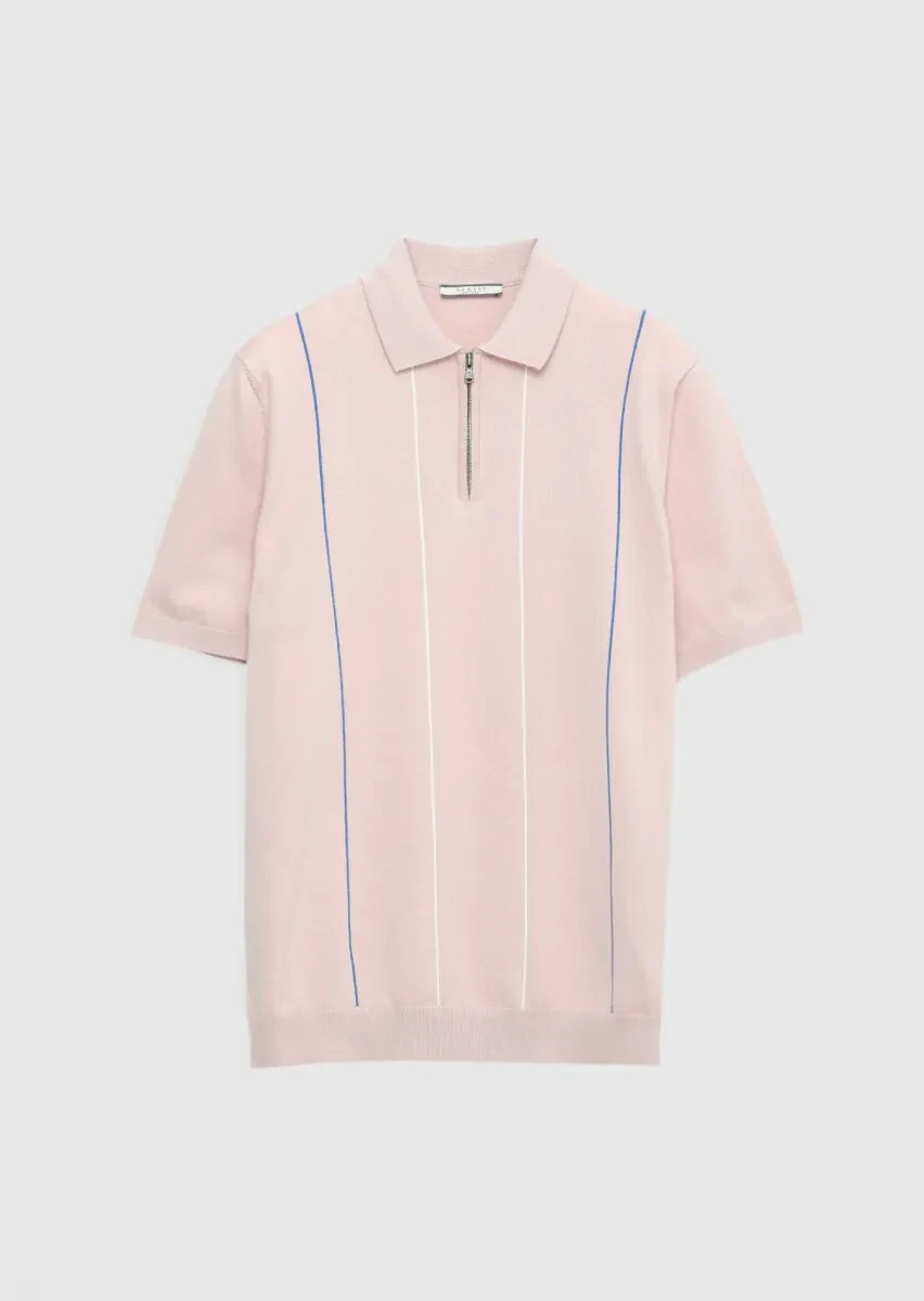 Pembe Polo Yaka Çizgili Pamuk Karışımlı Triko - 7