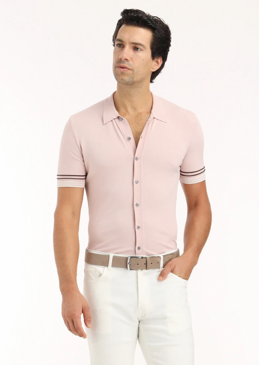 Pembe Polo Yaka Düz Örgü Hırka - 4