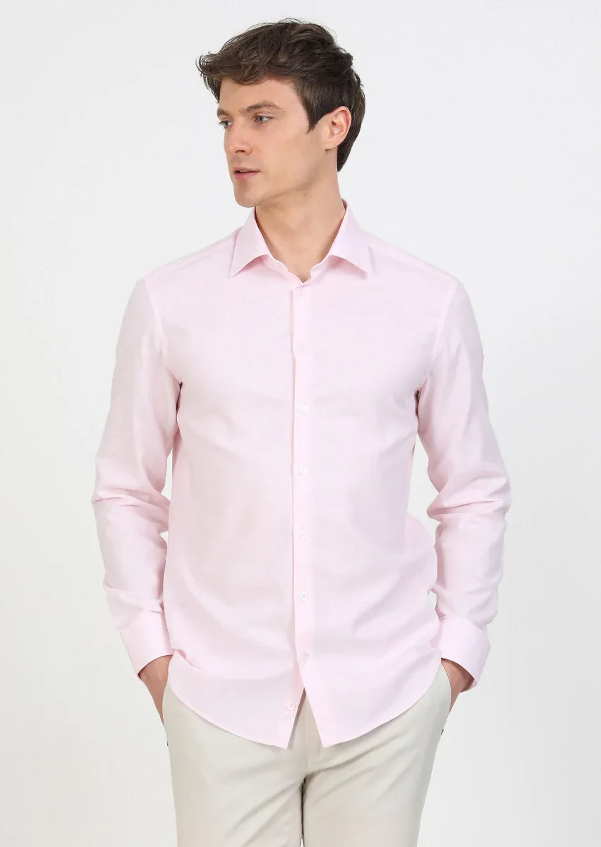 Pembe Regular Fit Dokuma Klasik Pamuk Karışımlı Gömlek - 2