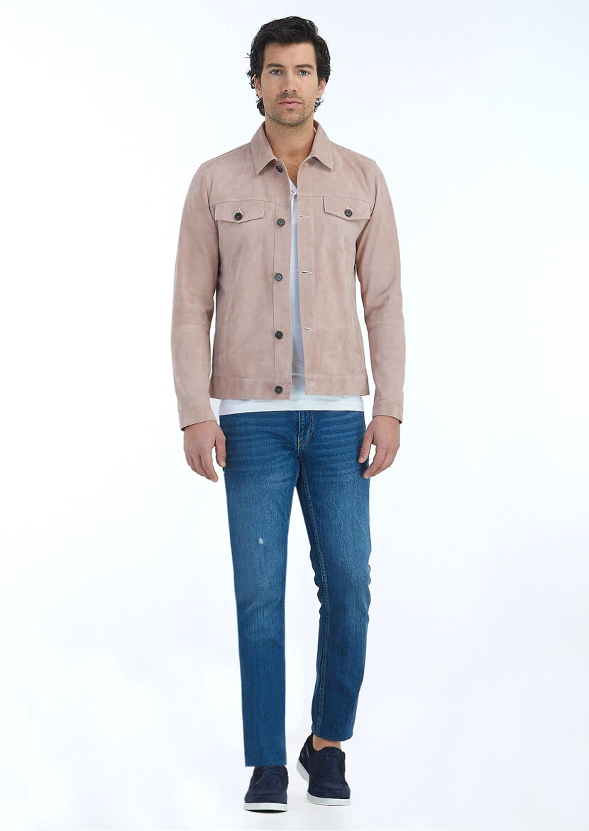 Pembe Regular Fit Gömlek Yaka Casual Süet Deri Mont - 1