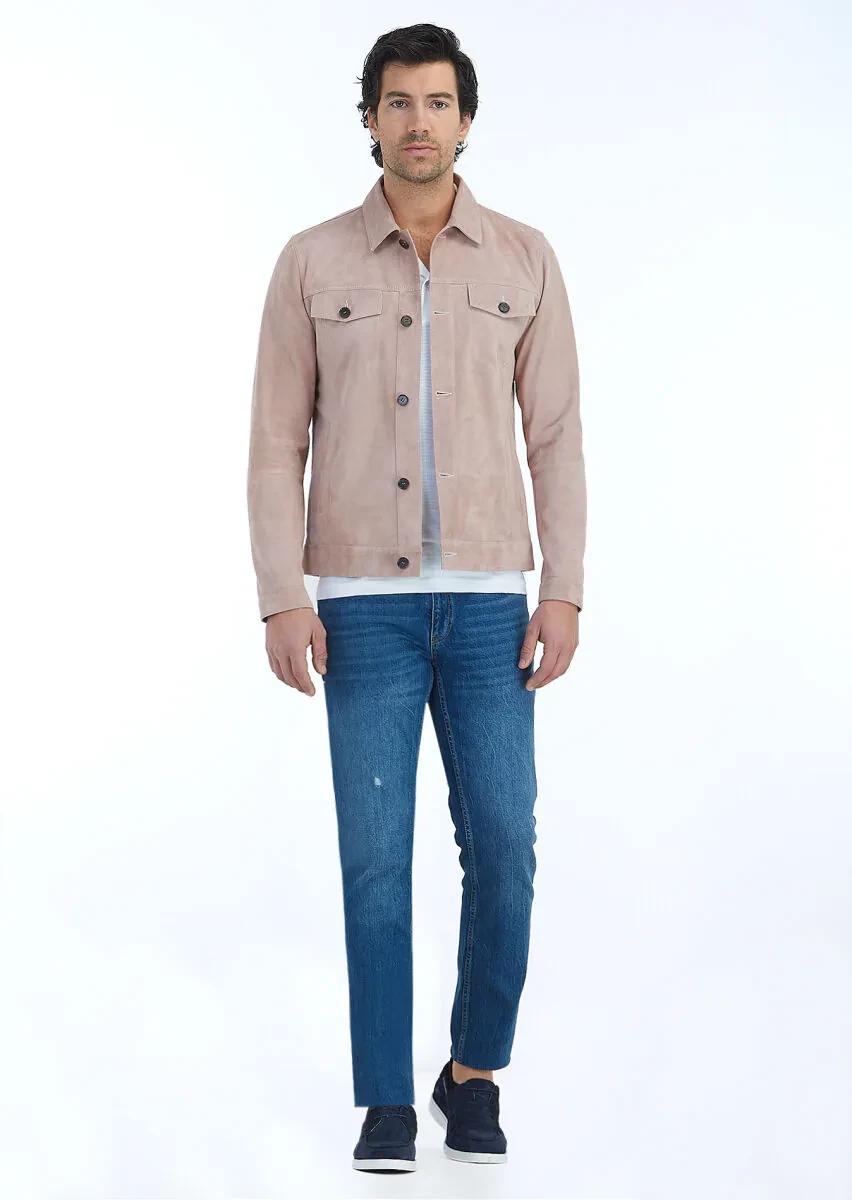 Pembe Regular Fit Gömlek Yaka Casual Süet Deri Mont - 1