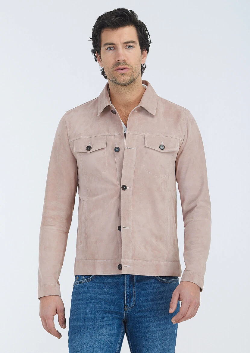 Pembe Regular Fit Gömlek Yaka Casual Süet Deri Mont - 2