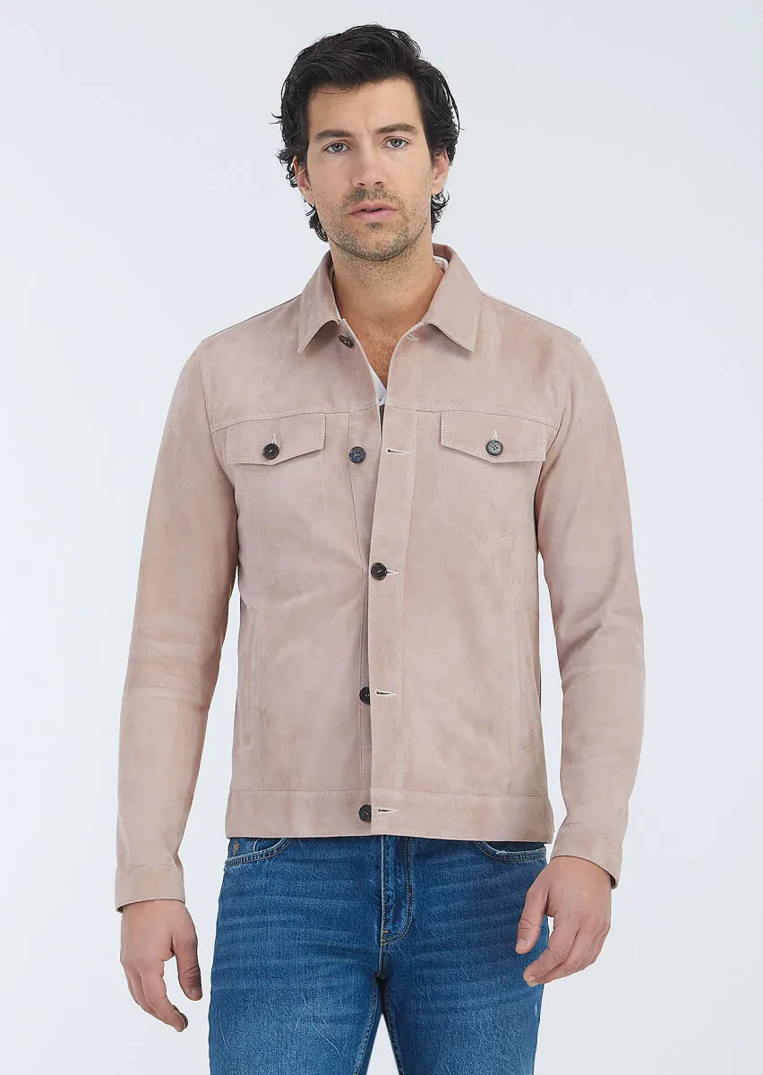 Pembe Regular Fit Gömlek Yaka Casual Süet Deri Mont - 2