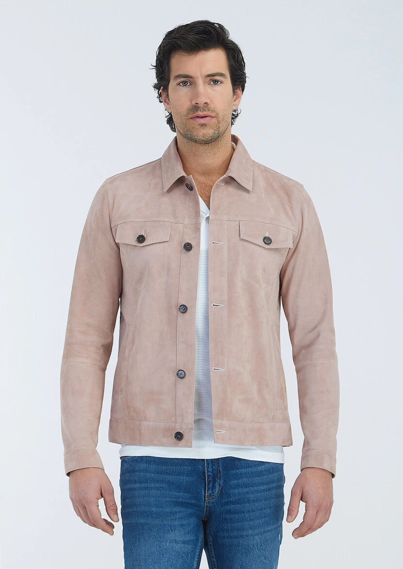 Pembe Regular Fit Gömlek Yaka Casual Süet Deri Mont - 3