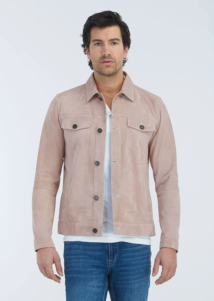 Pembe Regular Fit Gömlek Yaka Casual Süet Deri Mont - 3