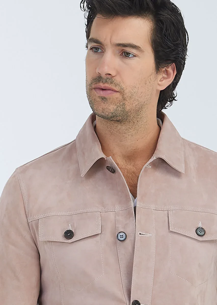 Pembe Regular Fit Gömlek Yaka Casual Süet Deri Mont - 4