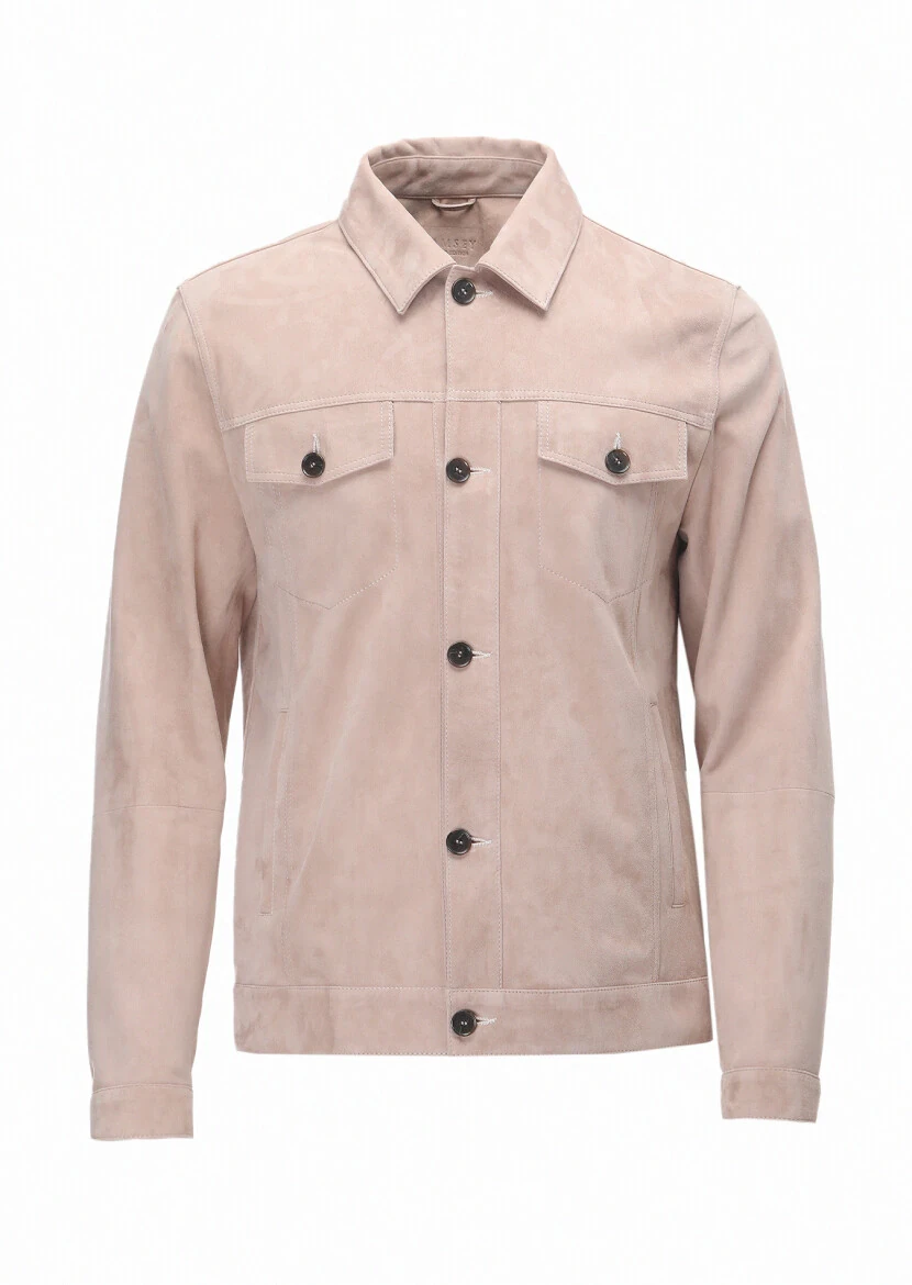 Pembe Regular Fit Gömlek Yaka Casual Süet Deri Mont - 6