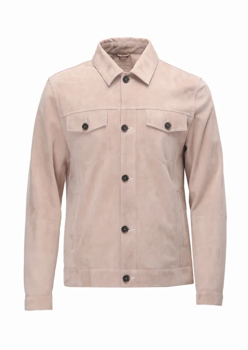 Pembe Regular Fit Gömlek Yaka Casual Süet Deri Mont - 6