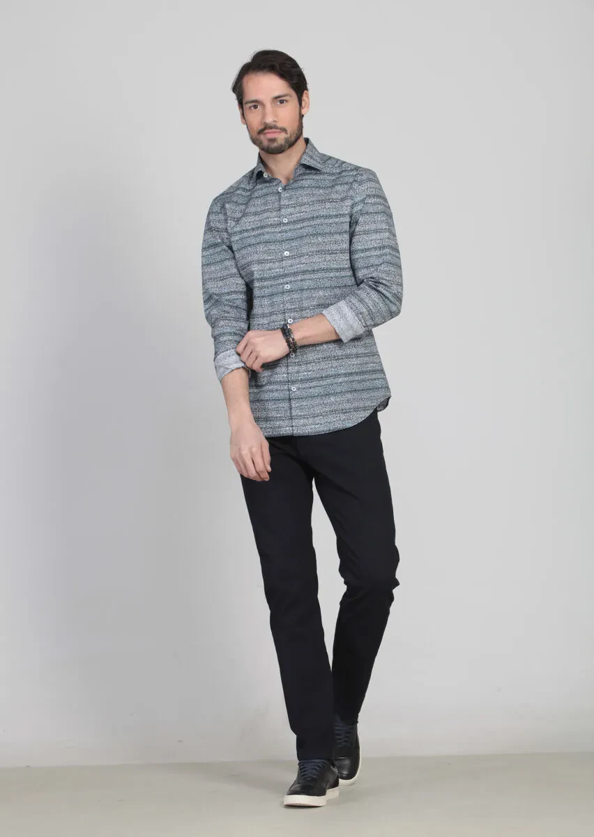 Petrol Baskılı Fitted Fit Dokuma Casual %100 Pamuk Gömlek - 1