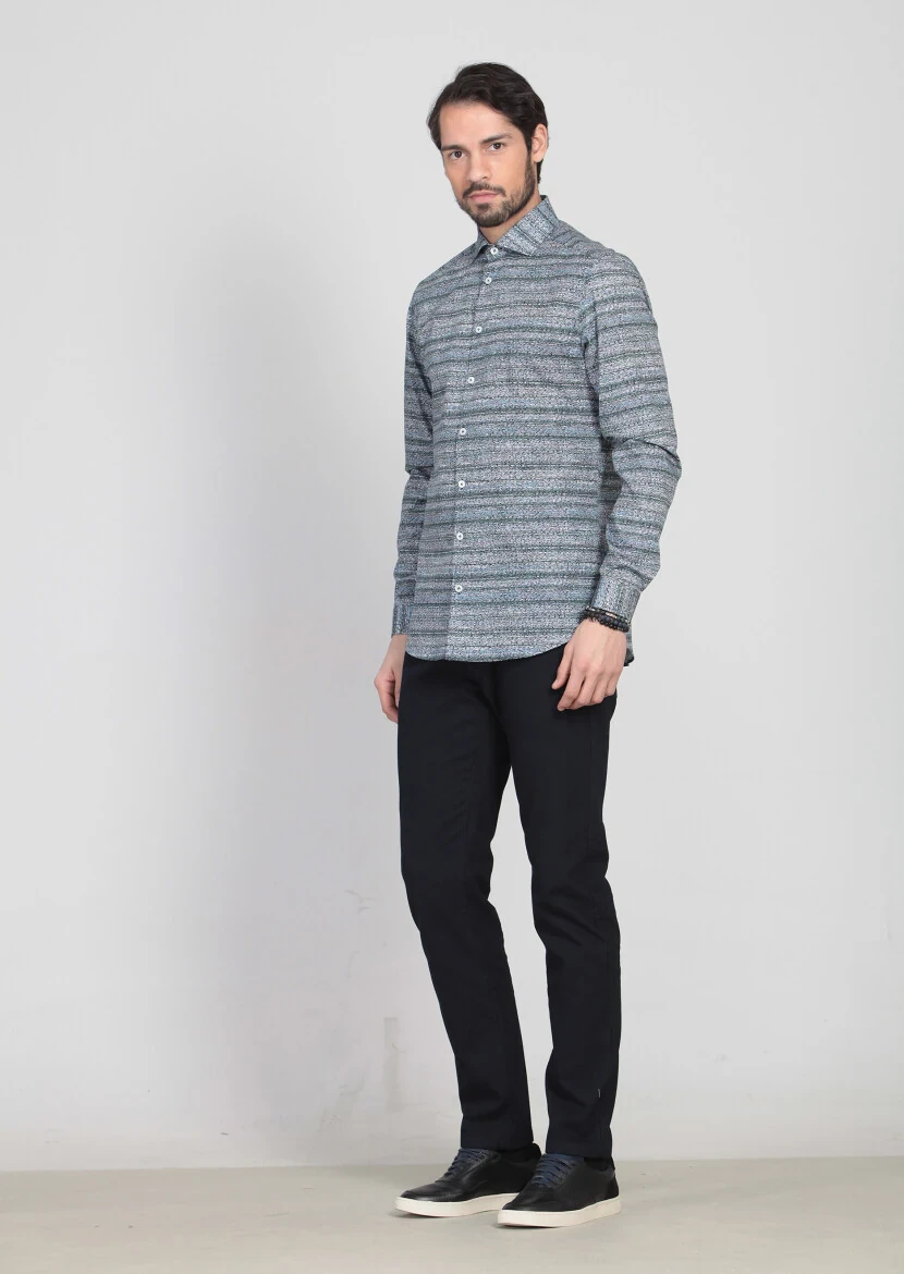 Petrol Baskılı Fitted Fit Dokuma Casual %100 Pamuk Gömlek - 2