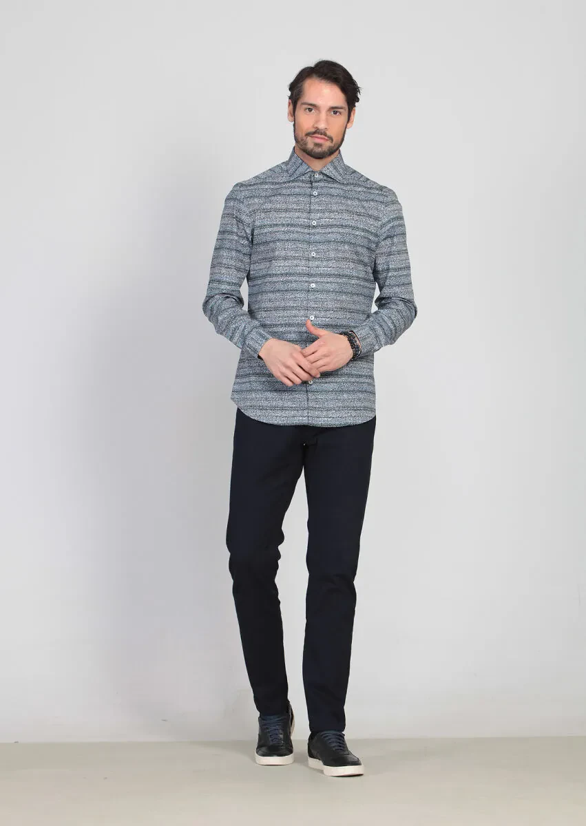 Petrol Baskılı Fitted Fit Dokuma Casual %100 Pamuk Gömlek - 3