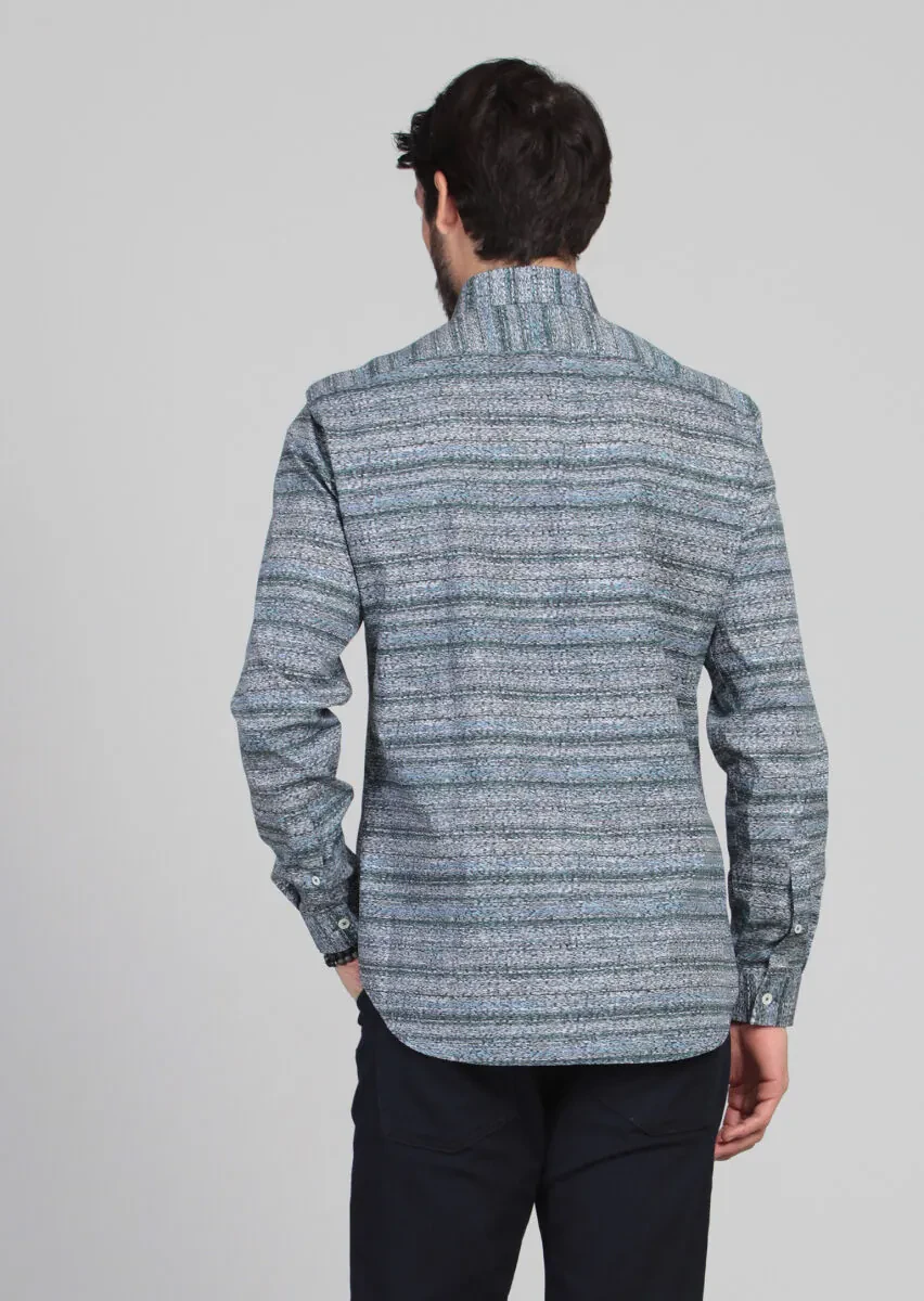 Petrol Baskılı Fitted Fit Dokuma Casual %100 Pamuk Gömlek - 5