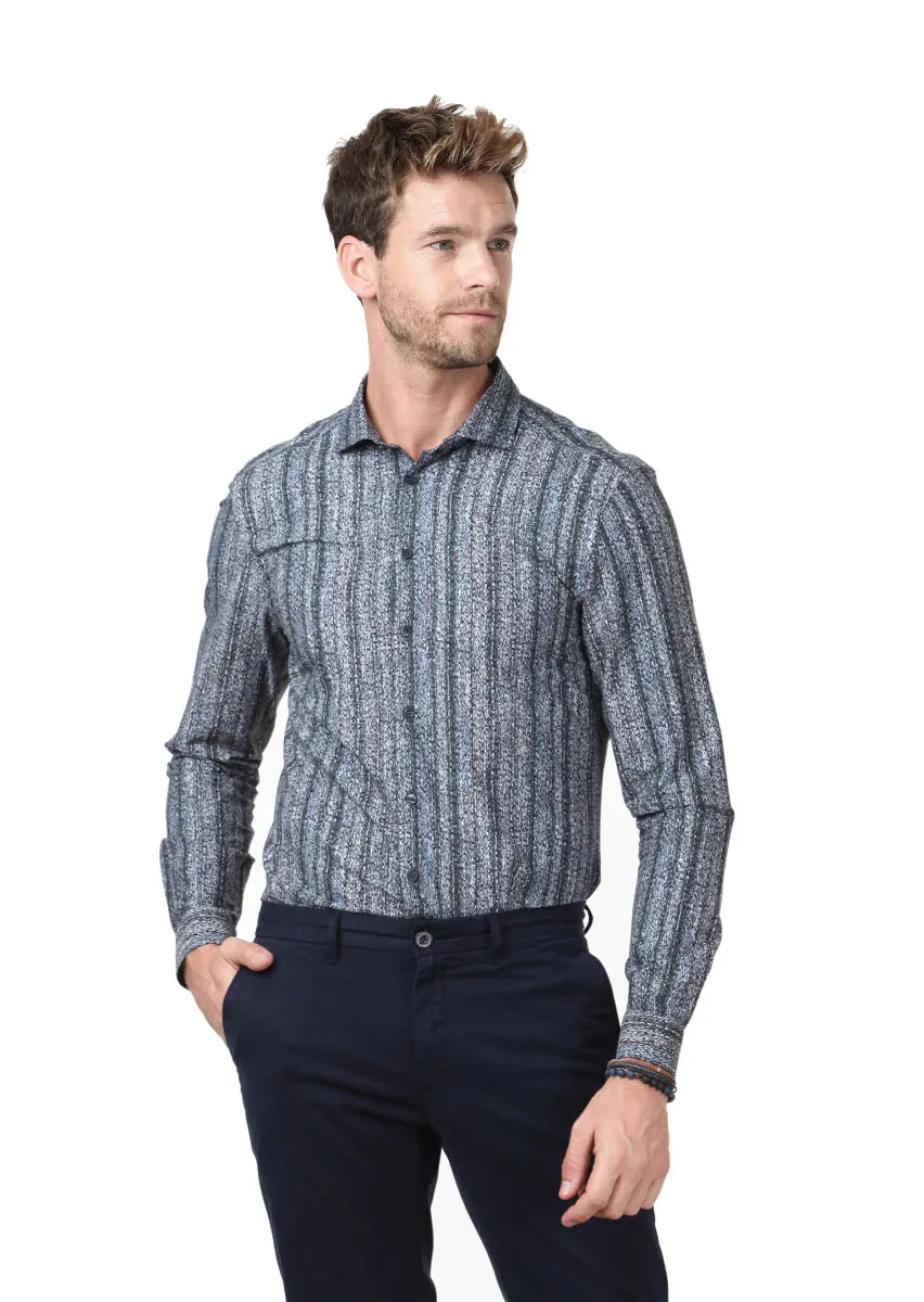 Petrol Baskılı Fitted Fit Dokuma Casual %100 Pamuk Gömlek - 1