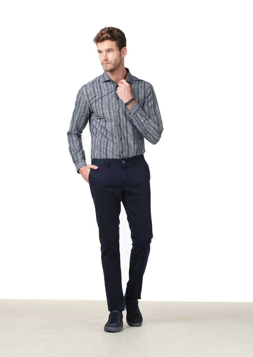 Petrol Baskılı Fitted Fit Dokuma Casual %100 Pamuk Gömlek - 2