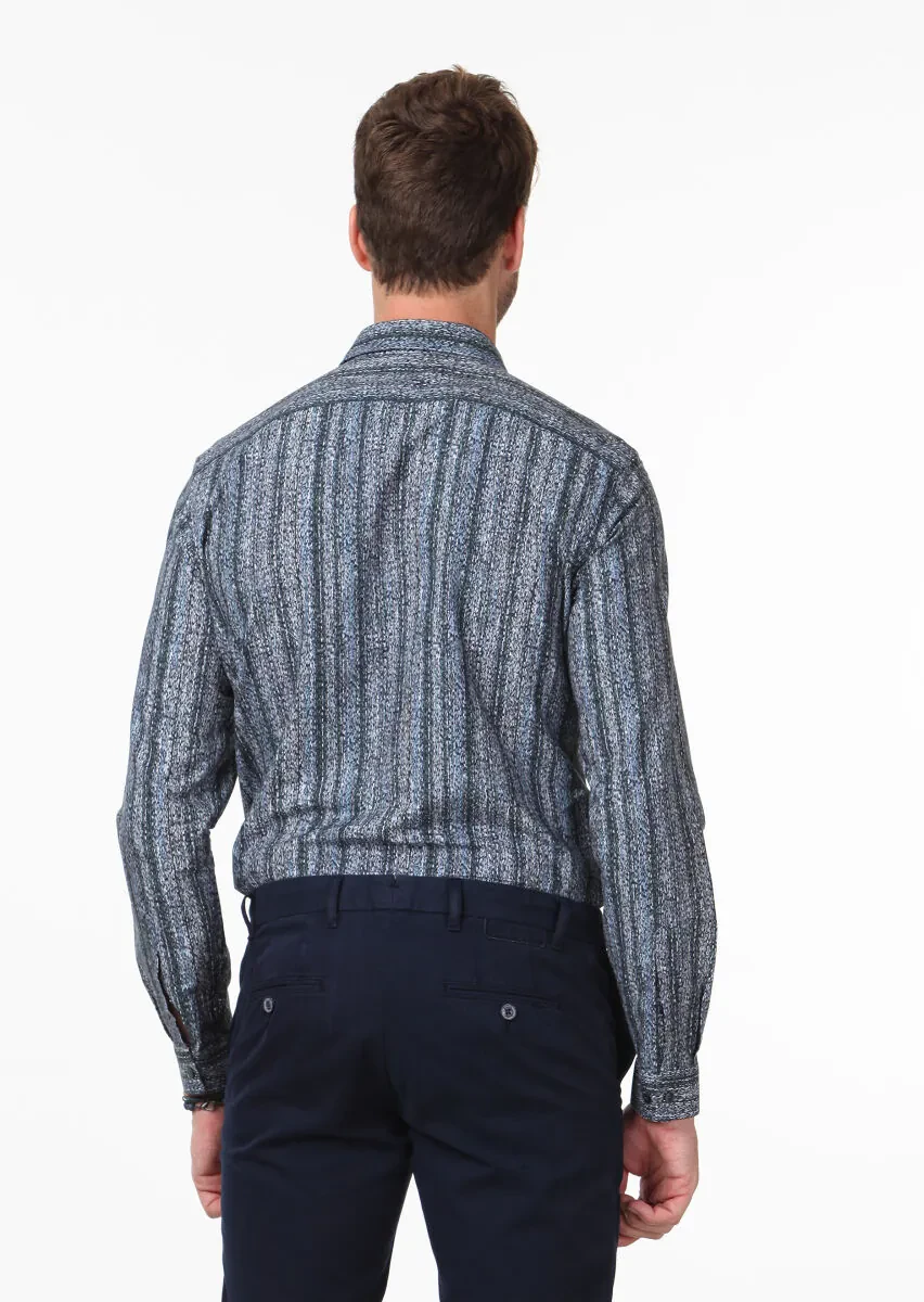 Petrol Baskılı Fitted Fit Dokuma Casual %100 Pamuk Gömlek - 4