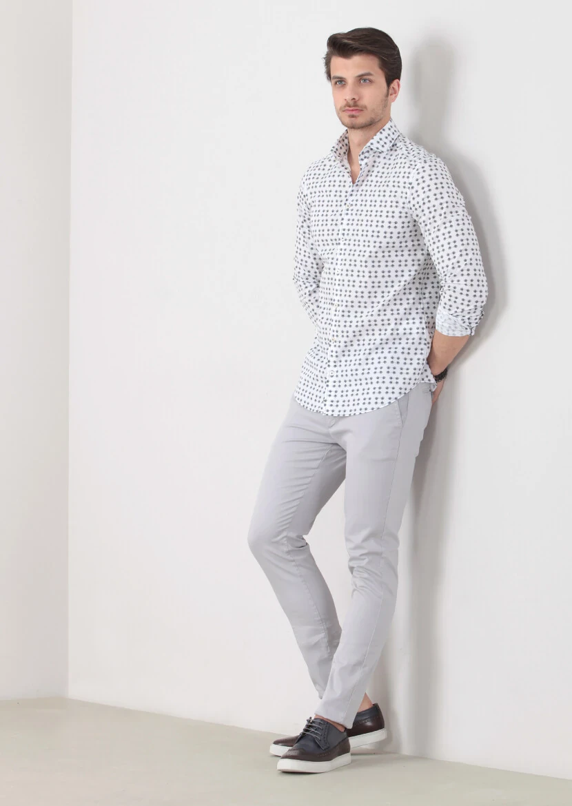 Petrol Baskılı Slim Fit Dokuma Casual %100 Pamuk Gömlek - 1