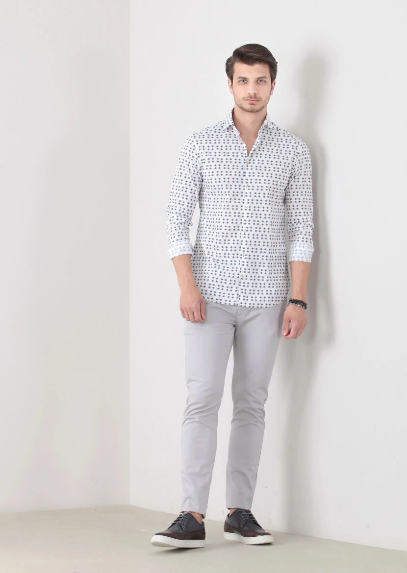 Petrol Baskılı Slim Fit Dokuma Casual %100 Pamuk Gömlek - 3