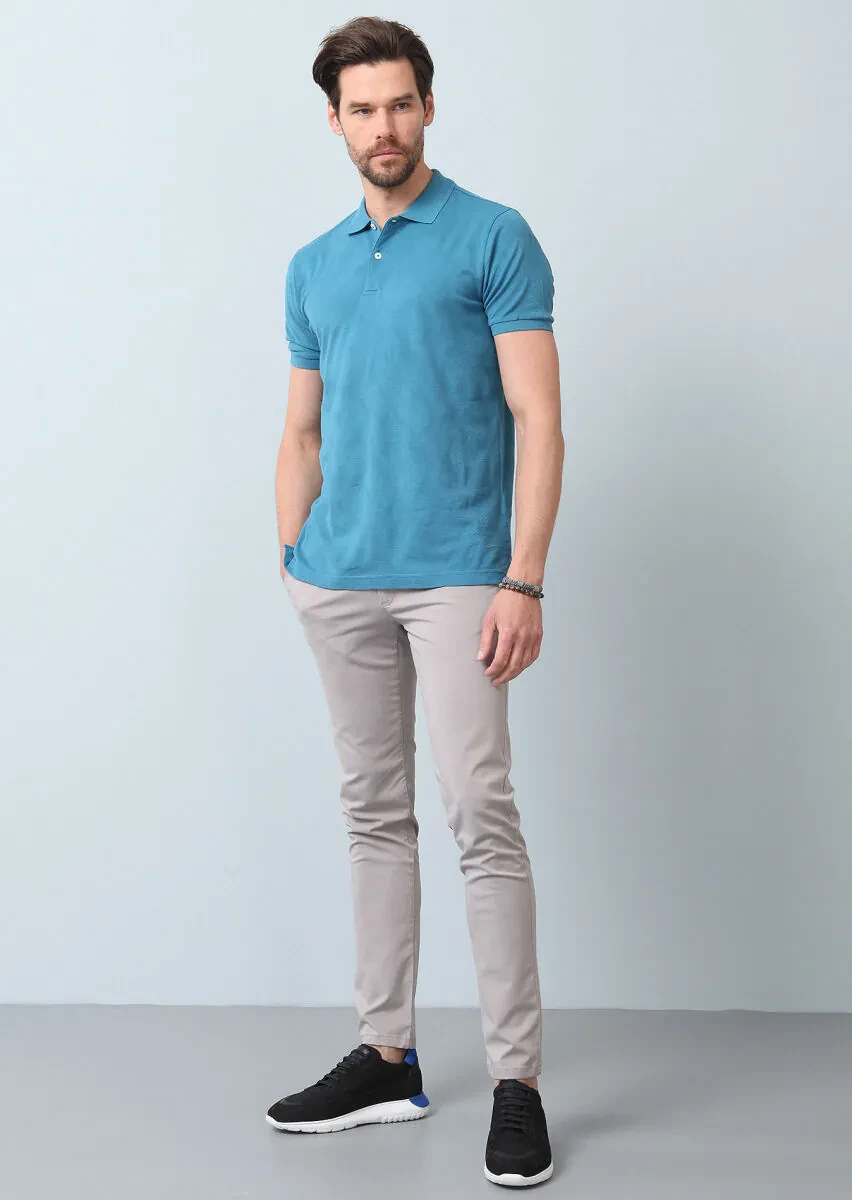 Petrol Blue Jacquard Polo Neck 100% Cotton T-Shirt - 4