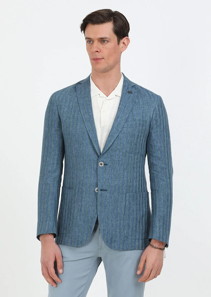 Petrol Blue Patterned Shirt Shoulder Slim Fit 100% Linen Jacket - 1